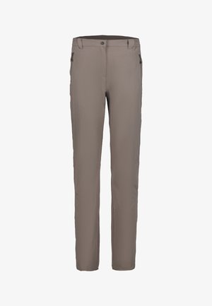 Taupefarbene Hose mit geradem Bein, Gürtelschlaufen, Frontknopf, Reißverschluss und seitlichen Reißverschlusstaschen, auf weißem Hintergrund präsentiert.