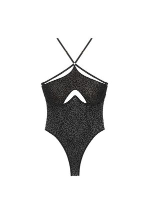 Black bodysuit with leopard print pattern, sheer material, adjustable crisscross straps, and a cutout design at the front and back.