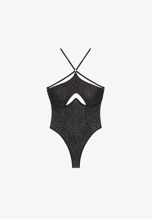 Body noir avec un motif léopard, en matériau transparent, avec des bretelles croisées réglables et un design découpé à l'avant et à l'arrière.