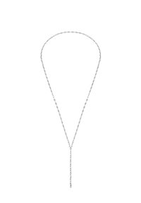 Sølv kædedyse med forlængede led og en Y-formet dråbe i midten. Glat tekstur, minimalistisk design og reflekterende finish.