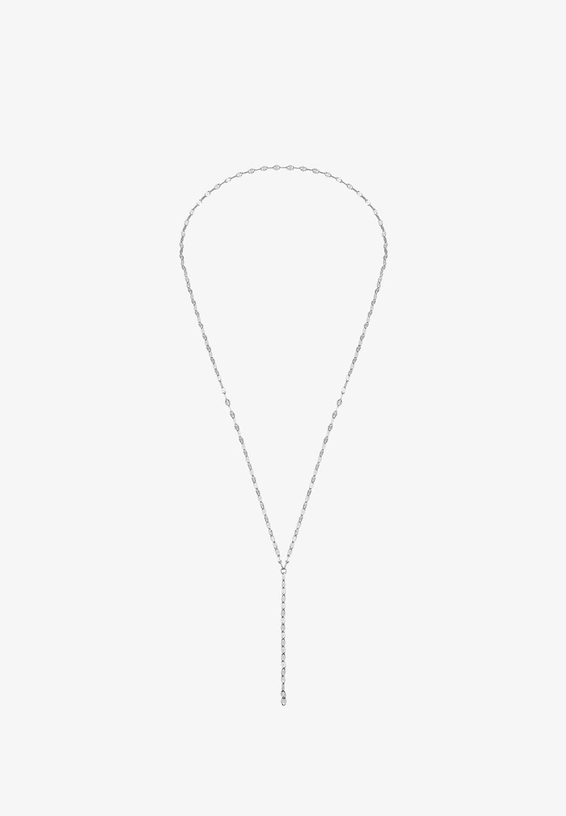 Silverfärgad kedjehalsband med avlånga länkar och ett Y-format hänge i mitten. Slät yta, minimalistisk design och reflekterande finish.