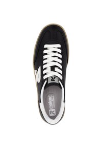 Mustat synteettiset lenkkarit, joissa on valkoiset nauhat ja logo, harmaa vuori ja kumipohja, muotoiltu virtaviivaiseksi ja urheilulliseksi.