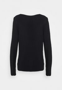 Svart stickad tröja med långa ärmar, rund halsringning och solid struktur. Bakifrån visar den en enkel, oredigerad design utan dekorationer.