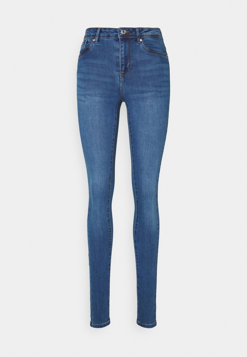 Vaqueros ajustados de denim azul oscuro, diseño de cintura alta con una textura suave, que cuentan con bolsillos frontales y un cierre con botón y cremallera.