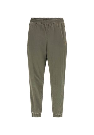 Pantalones jogger ligeros en color caqui, con cintura elástica, puños ajustados, bolsillos laterales y un pequeño logo triangular.