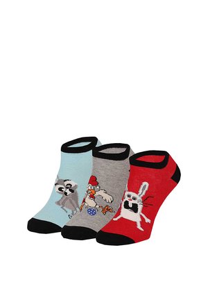 Three ankle socks with black trim, featuring a raccoon on light blue, a rooster with eggs on gray, and an angry white rabbit on red.