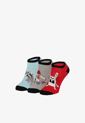 Three ankle socks with black trim, featuring a raccoon on light blue, a rooster with eggs on gray, and an angry white rabbit on red.