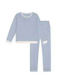 Lichtblauw gestreept lounge-set bestaande uit een lange mouw top met een witte halslijn en bijpassende slim-fit broek, gemaakt van zachte stof.