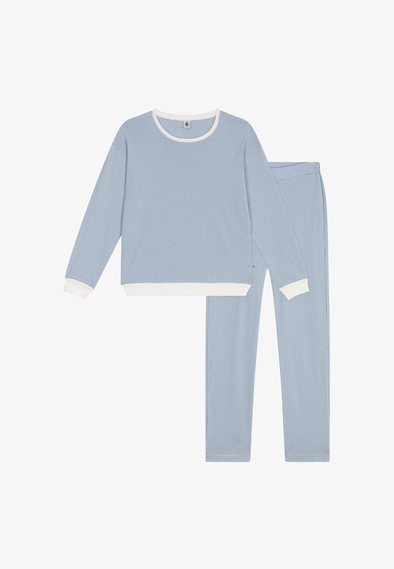 Lichtblauw gestreept lounge-set bestaande uit een lange mouw top met een witte halslijn en bijpassende slim-fit broek, gemaakt van zachte stof.
