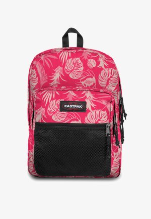 Zaino rosa con un motivo floreale, dotato di una tasca anteriore in rete nera, cerniere e una maniglia superiore per il trasporto.