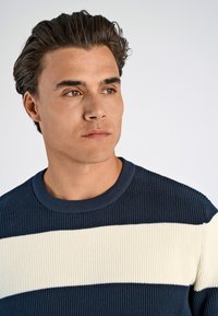 Marineblauwe en crèmekleurige geribbelde trui met een ronde halslijn en een horizontaal gestreept ontwerp. De textuur is zacht en iets textuurrijk.