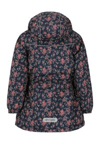 Navy blauwe bloemenjas met capuchon, voorzien van roze en groene bloemen, elastische manchetten en een getailleerde taille. Reflecterende accenten overal.