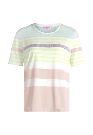 T-shirt à manches courtes et col rond avec des rayures horizontales pastel en vert clair, beige, blanc, et une bande de strass argentés traversant la poitrine.