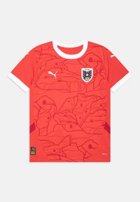 Maglietta da calcio rossa con un design testurizzato, accenti bianchi e logo a scudo. Realizzata in tessuto traspirante, include la tecnologia DryCell.