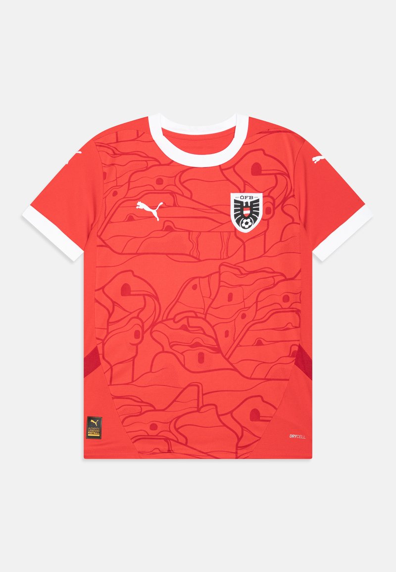Maglietta da calcio rossa con un design testurizzato, accenti bianchi e logo a scudo. Realizzata in tessuto traspirante, include la tecnologia DryCell.