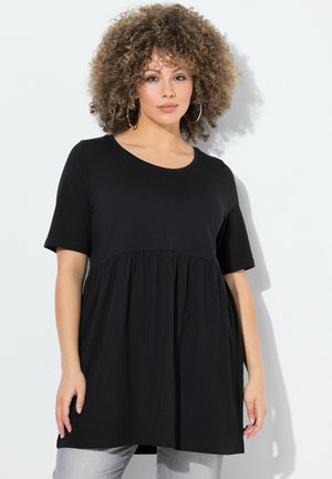 Zwarte tuniek met korte mouwen, gemaakt van zachte stof, met een ronde halslijn en een verzamelde taille voor een vloeiende silhout.