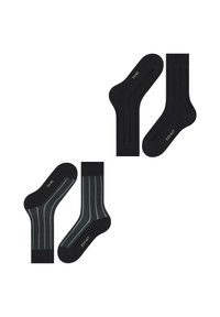 Schwarze Socken mit gerippter Textur; ein Paar hat aquafarbene horizontale Streifen. Jede Socke ist mit einem Logodetail in der Nähe des Bündchens versehen.