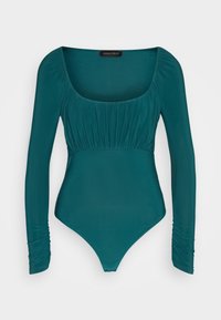 Teal langermet bodysuit med firkantet utringning, rynket detaljer ved brystet, og tettsittende design. Myk, glatt tekstur.