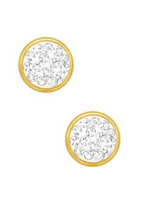 Orecchini rotondi in tonalità oro con impostazioni circolari incastonate con più cristalli trasparenti, creando un effetto scintillante.