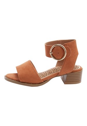 Brune ruskinds ankelrem sandal med firkantet tå, lav blokhælsokkel og guld cirkelformet spænde. Den teksturerede sål har et mønstret design.