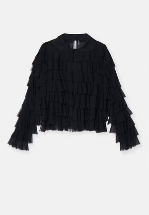 Black jacket with layered ruffles, long sleeves, and a round collar. Made from soft fabric, featuring a sheer texture on ruffle edges.