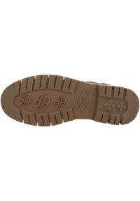 Suela de caucho marrón de un zapato con patrones de relieve profundos y logotipos en relieve, con un diseño robusto para mayor adherencia y durabilidad.