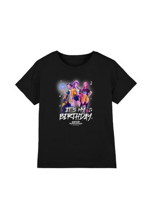 Black t-shirt with three colorful animated female characters and text "It's my birthday" and "Kpop Demon Hunters" below them.