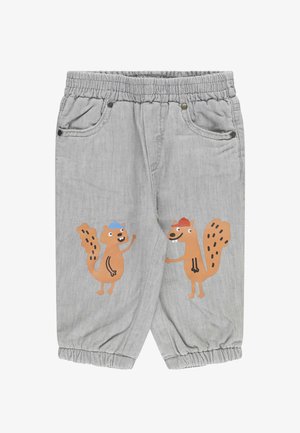 Pantaloni di cotone grigi con due scoiattoli cartoon stampati sul davanti, dotati di una vita elasticizzata e polsini arricciati alle caviglie.