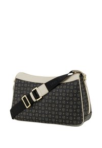 Borsa a tracolla con un motivo logo nero e beige; materiale liscio; tracolla regolabile con accessori in oro; forma strutturata e texture leggera.