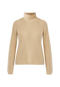 Bežový pletený rolák s dlouhými rukávy a žebrovanými manžetami, s texturovaným pleteným vzorem na přední části a ramenou.