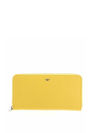 Yellow rectangular zip-around wallet with smooth texture and small silver logo centered near top edge.