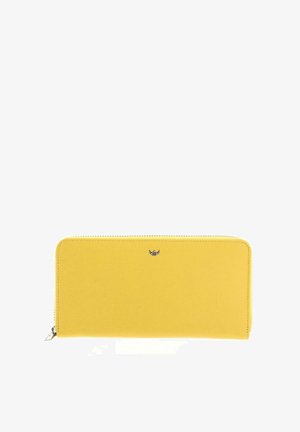 Portefeuille rectangulaire jaune avec fermeture éclair tout autour, texture lisse et petit logo argenté centré près du bord supérieur.