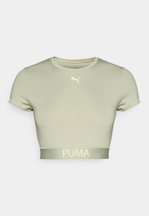 Hellgrünes Puma Sport-Crop-Top mit kurzen Ärmeln, Logo auf der Brust und elastischem Bund.