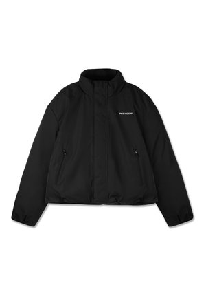 Black padded jacket with a high collar, zippered side pockets, and a branded logo on the chest. Smooth finish, cropped design.