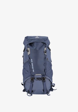 Marineblauwe wandelrugzak met een oprolsluiting, twee zijgespen en een reliëflogo. Geweven stof met verstevigde stiksels voor duurzaamheid.