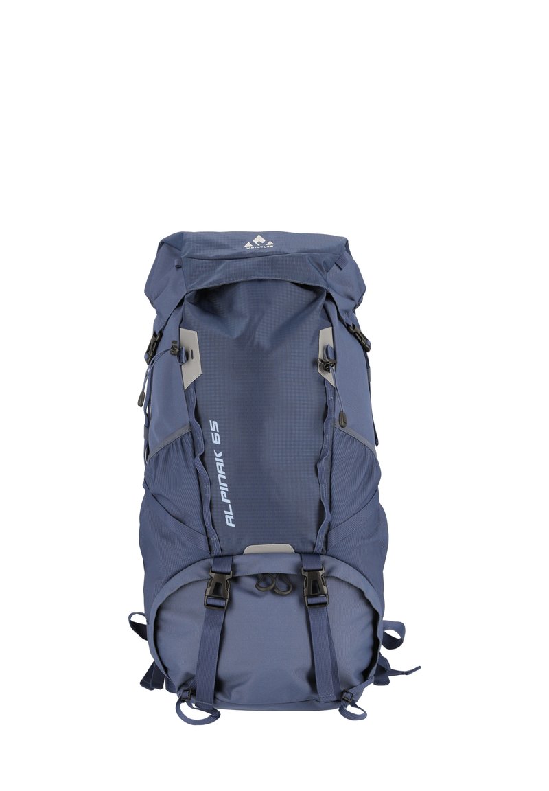 Sac à dos de randonnée bleu marine avec fermeture par enroulement, deux boucles latérales et un logo en relief. Tissu texturé avec coutures renforcées pour plus de durabilité.