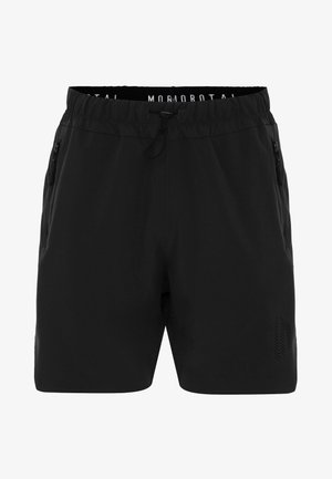 Fekete rövidnadrág könnyű anyagból, elasztikus derekú megkötővel, két oldalsó cipzáras zsebbel és perforált díszítéssel az oldalán.