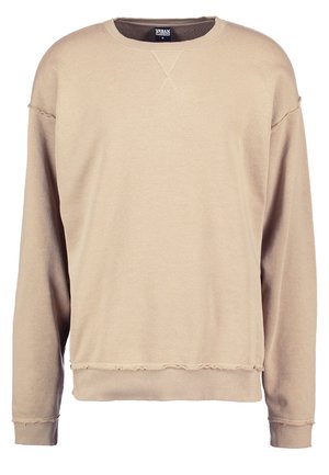 Beige collegepaita, joka on valmistettu pehmeästä puuvillakankaasta. Siinä on pyöreä kaula-aukko, pitkät hihat ja hieman rispaantuneet helmassa ja hihoissa rennon ilmeen saavuttamiseksi.