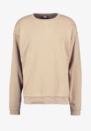 Beige mikina vyrobená z měkké bavlny. Má kulatý výstřih, dlouhé rukávy a mírně roztrhané lemy a manžety pro uvolněný vzhled.