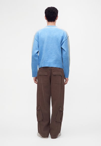 Personne debout de dos portant un pull bleu et un pantalon cargo marron ample avec plusieurs poches sur un fond blanc uni.