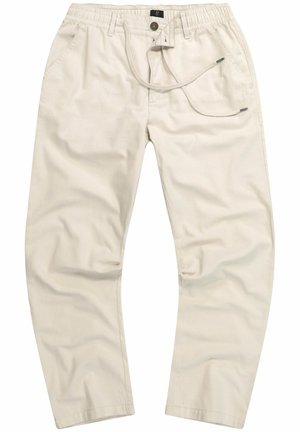 Beige, leichte Hose mit einem elastischen Bund und Kordelzug. Verfügt über zwei Seitentaschen und ein gerades Bein-Design. Glatte Textur.