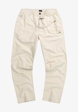 Pantalones ligeros beige con cintura elástica y cordón. Presenta dos bolsillos laterales y un diseño de pierna recta. Textura suave.