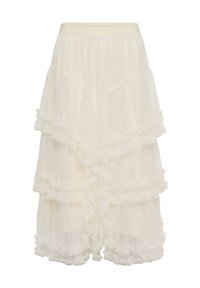 Fustă cu volane în nuanța crem, din tull în straturi, cu margini plisate și talie elastică, design semi-transparent în straturi.