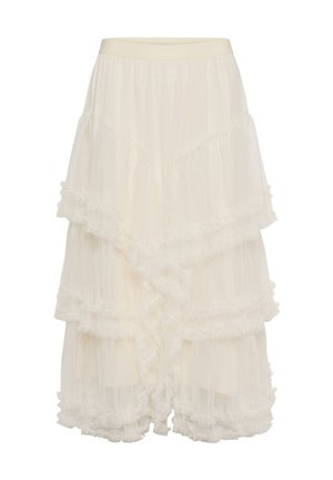 Jupe en tulle crème à plusieurs niveaux avec bords froncés et taille élastique, design superposé semi-transparent.