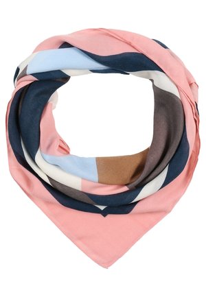 Vierkant sjaaltje gevouwen in een lus met kleurvlakken in roze, marineblauw, lichtblauw, wit, bruin en grijs.