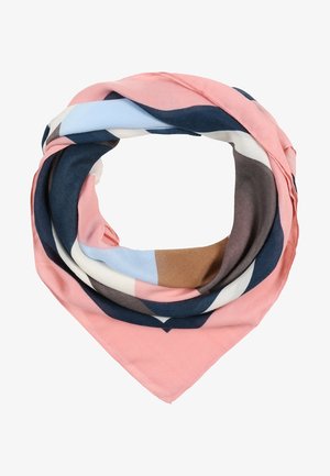 Kwadratowa apaszka złożona w pętlę z blokami kolorów w odcieniach różowego, granatowego, jasnoniebieskiego, białego, brązowego i szarego.