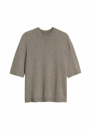 Lyhythihainen harmaa neulepaita, jossa on resorinen pyöreä pääntie, hihansuut ja helma, esitetty valkoisella taustalla.