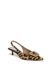 Talons slingback à imprimé léopard avec un bout pointu, ornés d'une boucle carrée en bijoux. Dotés d'un petit talon noir robuste.
