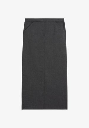 Ciemnoszara ołówkowa spódnica wykonana z teksturowanego materiału, z dwoma przednimi kieszeniami i prostym krojem o schludnym wykończeniu.