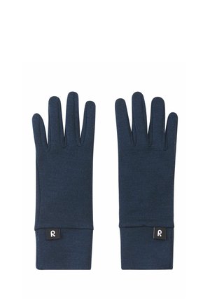 Pair of dark blue knit fabric gloves with extended cuffs and small black tags featuring a white logo on each cuff.
